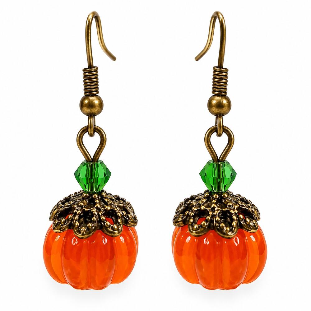 Orange Pumpkin Dangle Earrings Green Beads Antique Gold Tone Fall Jewelry E531